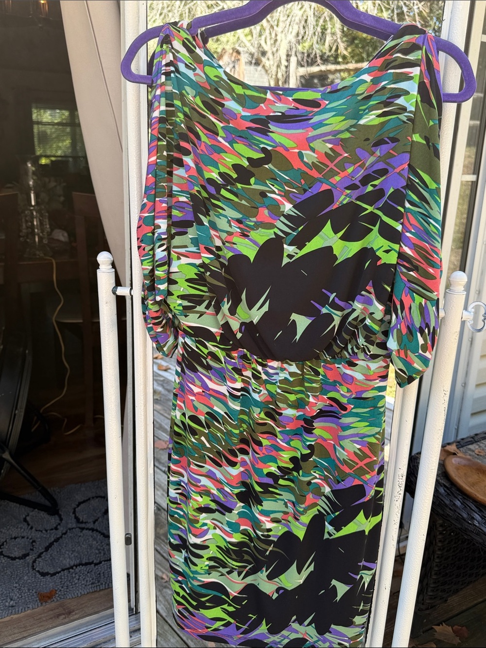 Maggy London Multicolor Wave-Print Midi Dress — Green, Purple, Pink & Black